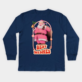 Retro Vintage Pink Santa Claus | Best Wishes Kids Long Sleeve T-Shirt